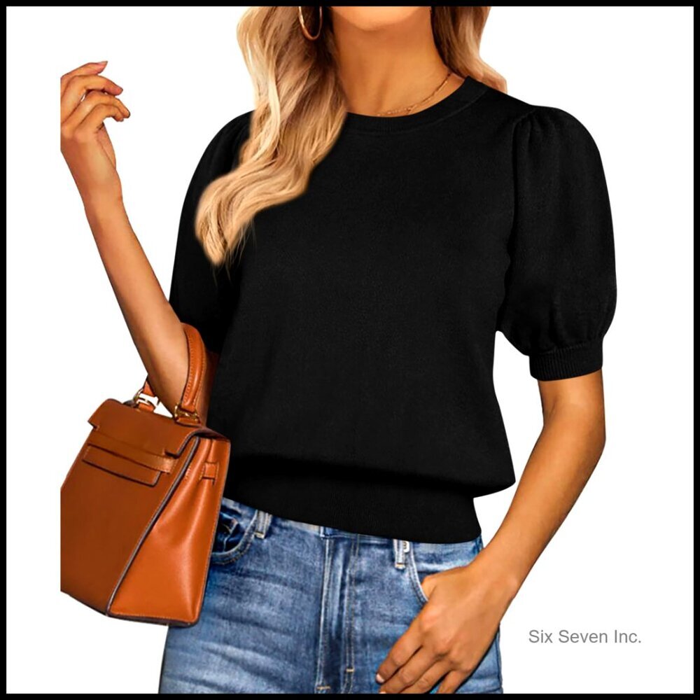 Puff Short Sleeve Sweater Knit Blouse Dressy Casual Work Tops